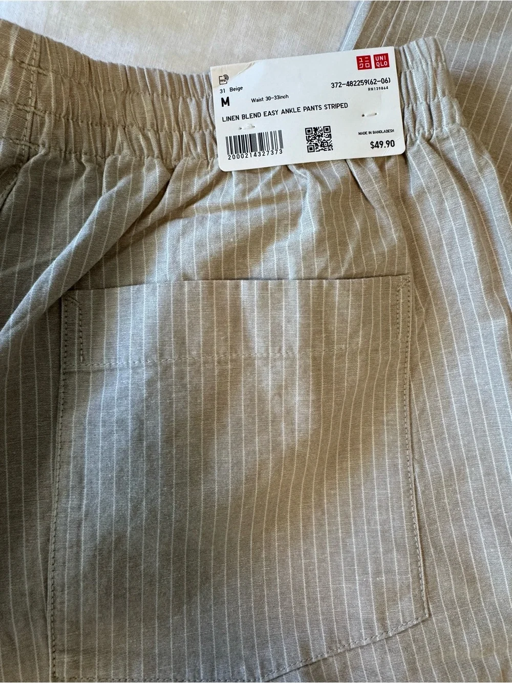 Uniqlo Men's Linen Easy Ankle Pants Striped Sz M NEW